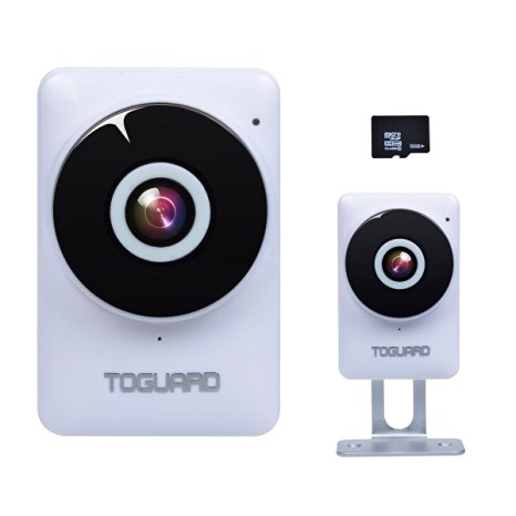 TOGUARD Mini HD Wifi Surveillance Camera Home Baby Monitor Camera with 185° Panorama View Fisheye Lens, Night Vision, Real-time Intercom, Motion Detection, Remote Monitoring, Free 32G Micro SD Card