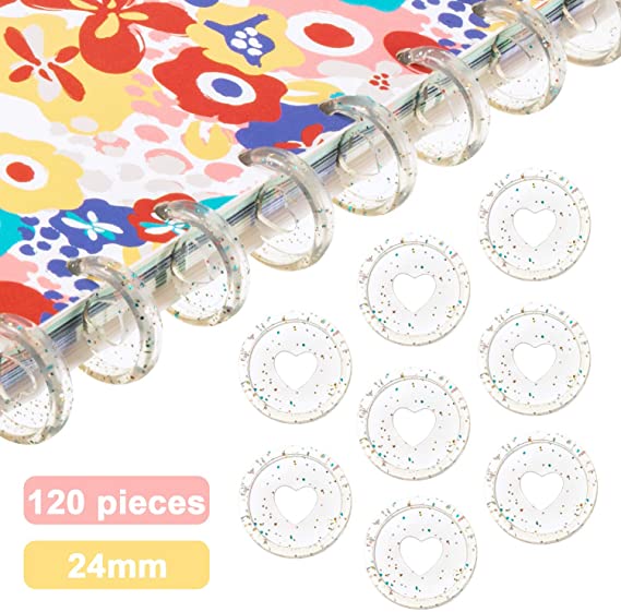 120 Pieces Plastic Heart Book Binding Discs Discbound Expansion Discs Binder Rings for DIY Notebooks Planners (Clear with Sequins)