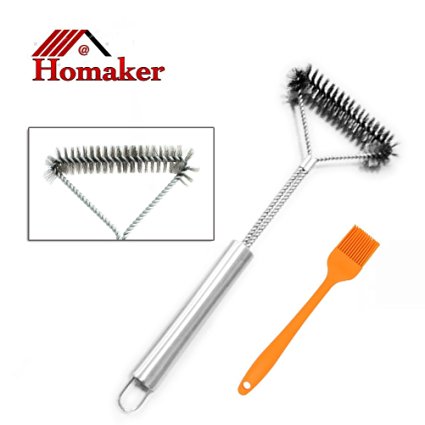 Homaker 18" Best BBQ Grill Brush 3-Sided Triangle Fully Stainless Steel Bristles & Handle Grill Cleaning Brush for Weber, Char-Broil Grills Bonus Basting Brush(BGB-002)