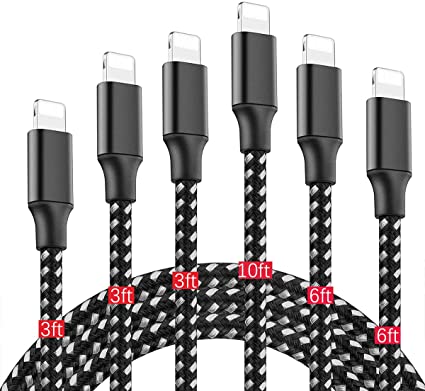 ANTPO iPhone Charger，MFi Certified Lightning Cable,6Pack[3/3/3/6/6/10] FT Nylon Braided USB Fast Charging&Syncing Cable Compatible with iPhone 12Pro Max/11/XS/X/8/7/6S/6/iPad and More-Black&Silver