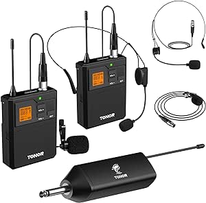 TONOR UHF Wireless Microphone System with Dual Headset Microphones/Lavalier Lapel Mics, Bodypack Transmitters, Mini Rechargeable Receiver, 2x15 Channels 200ft Range, for Recording Speech PA Speaker