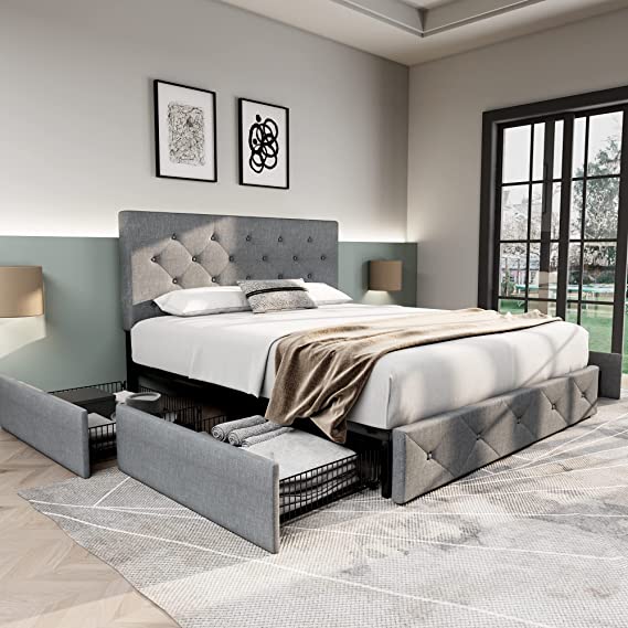 Allewie Upholstered Queen Size Platform Bed Frame with 4 Storage Drawers and Headboard, Diamond Stitched Button Tufted Mattress Foundation with Wooden Slats Support, No Box Spring Needed, Light Grey