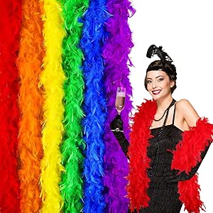 6 Pcs 60g 6.6 ft Colorful Feather Boas Party Pack Rainbow Feather Scarves for Women Girls Costume Dress Up Party Decoration Wedding Performance