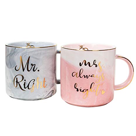 Vilight Mr Right Mrs Always Right Couples Mugs Set of 2 - Funny Wedding Engagement and Bridal Shower Gifts - Ceramic Marble Coffee Cups 11.5 oz