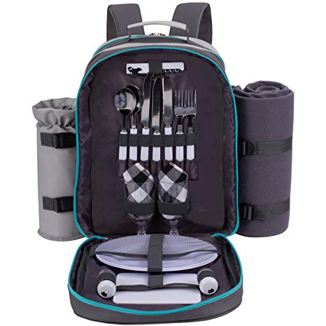 ALLCAMP 2 Person Grey Picnic Backpack Hamper with Cooler Compartment Includes Tableware & Fleece Blanket (Grey)