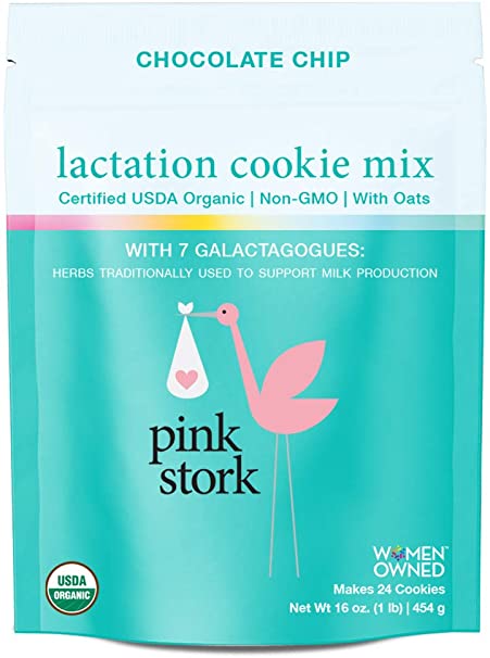Pink Stork Lactation Cookie Mix: USDA Organic Breastfeeding Support, 7 Galactagogues, Without Fenugreek, Oats & Chocolate Chips, Women-Owned, 16 oz.