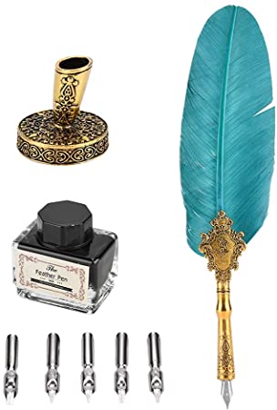 Retro Feather Pen Set, European Classical Fountain Pen Antique Peacock Feather Metal Nibbed Pen Writing Quill Dip Pen Gift Box with 5pcs Replacement Nib and Ink Pen Base