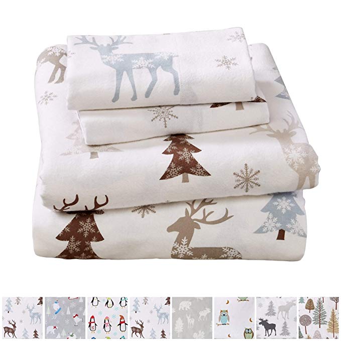 Home Fashion Designs Stratton Collection Extra Soft Printed 100% Turkish Cotton Flannel Sheet Set. Warm, Cozy, Lightweight, Luxury Winter Bed Sheets Brand. (Queen, Snowy Reindeer)