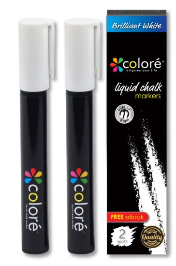 Colore Brilliant White Liquid Chalk Markers - Best For Restaurant Menu Board Glass Whiteboard Kitchen Chalkboard Paint Mirror Blackboard Windows - Great Chalk Ink Pens For Kids and Artist - 2 Pack