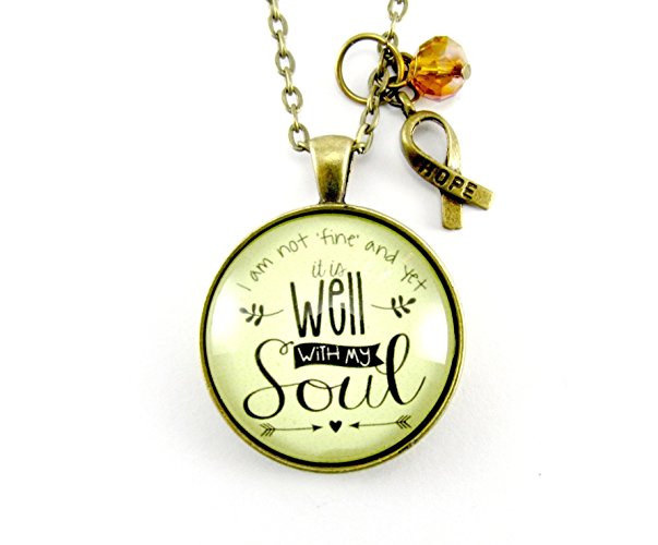 It Is Well With My Soul Though I'm Not Fine! Shabby Chic Style Faith Pendant Awareness Ribbon Jewelry Bronze Glass 1.20" Round Stylish Necklace, Charm and Glass Bead