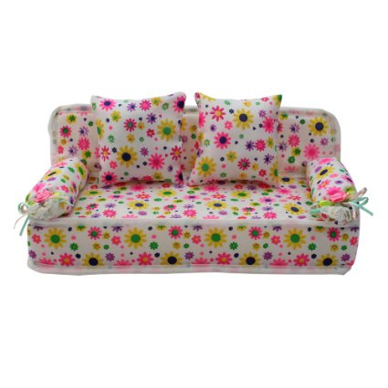 ReFaXi Lovely Miniature Furniture Flower Print Sofa Couch With 2 Cushions For Barbie Flower, 8.50cm