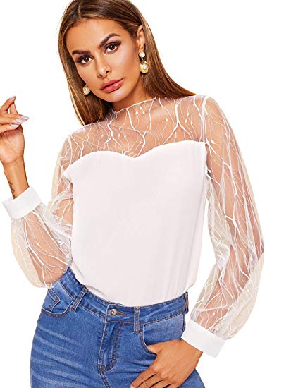 Romwe Women's Sheer Mesh Yoke Elegant Sweetheart Neck Chiffon Casual Blouse Top