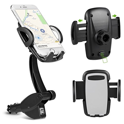 3-in-1 Universal Car Mount Charger Holder 360 Degree Rotating Goose-neck with Dual USB 3.1A Car Charger for iPhone 7, 7 Plus, 6/6S, 6/6S Plus, Samsung Galaxy S8/S7, S7 Edge and Other Smartphones