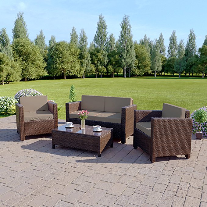 Abreo 4 Piece Rattan Garden Set 2 Seat Sofa, 2 x Arm-Chairs and Coffee Table. Patio, Decking or Conservatory. Dark Mixed Grey or Light Brown Rattan with Cushions (Dark Brown with Dark Cushions)