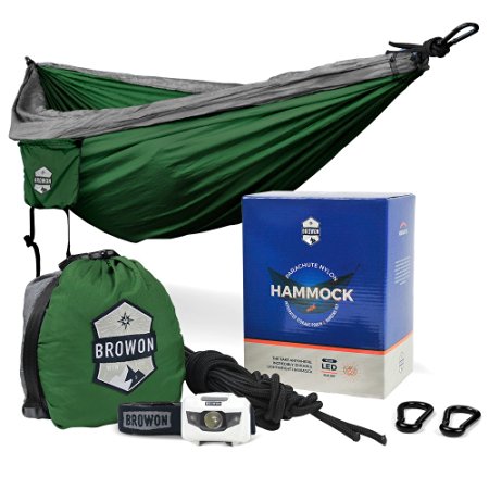 Browon Lightweight Double Camping Hammock Includes 120 Lumen Backpacking Headlamp and Tree Straps Carabiners Stuff Sack