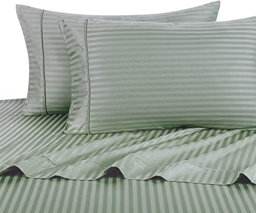 Exquisitely Lavish Sateen Stripe Weave Bedding by Pure Linens, 600 Thread Count 100-Percent Plush Cotton, 4 Piece Olympic Queen Size Deep Pocket Hemmed Sheet Set, Sage
