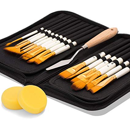 Artify 2018 New 15 Pcs Paint Brush Set Includes Pop-up Carrying Case with Free Palette Knife and Two Sponges for Acrylic, Oil, Watercolor and Gouache Painting