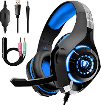 Gaming Headset Beexcellent PS4 Xbox One Headset with Noise Isolation Mic, Stereo Po Gaming Headphone with Soft Ear Cusion, Thumb Wheel Volume Control, Adjustable Headband for Kids and Adults-Blue