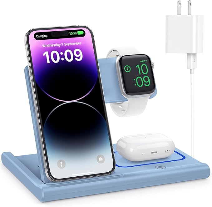 Wireless Charging Station, 3 in 1 Charging Station for Apple Devices, Wireless Charger for iPhone 15 14 13 12 11 Pro & Max Series, AirPods Pro/3/2, Apple Watch (Adapter Included) - Blue