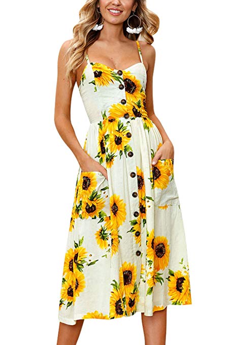 Assivia Womens Summer Floral Print Strap Casual Button Midi Dress with Pockets