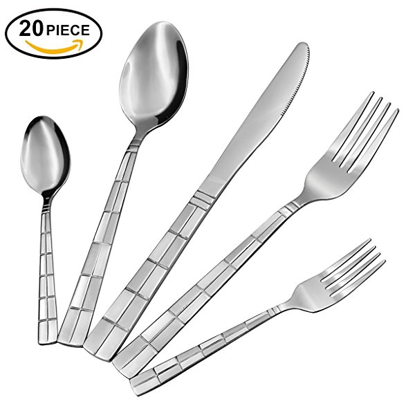 Hippih Flatware Food Grade Stainless Steel 4 Set (20 Piece) Anti-Scald Metal Cutlery Set and Dinner Tableware Sliverware each set include 2 x Forks, 2 x Spoons, 1 x Knife