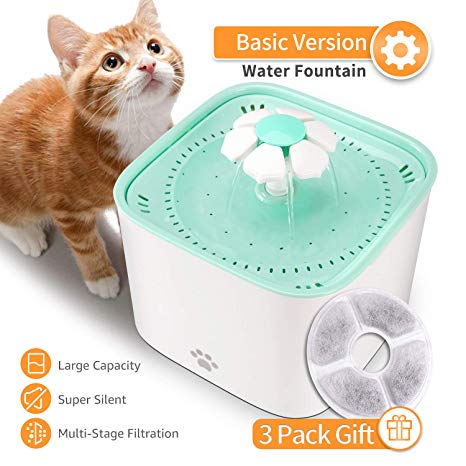 DESINO Pet Fountain Cat Water Dispenser Automatic Flower Drinking Water Fountain, 2L Electric Healthy and Hygienic Water Bowl with Replacement Filter Gift for Dogs, Cats, Birds
