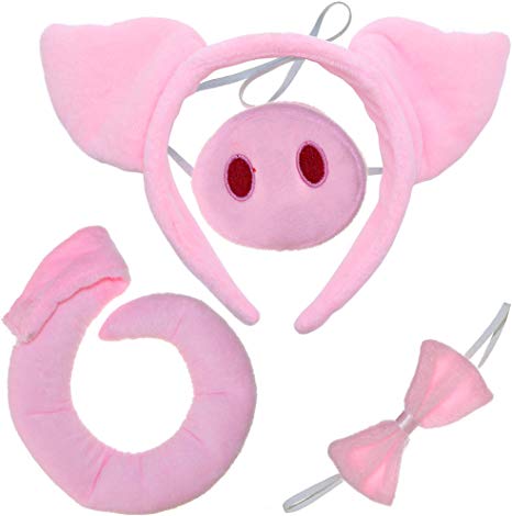 Skeleteen Pig Costume Accessories Set - Fuzzy Pink Pig Ears Headband, Bowtie, Snout and Tail Accessory Kit for Piglet Costumes for Toddlers and Kids