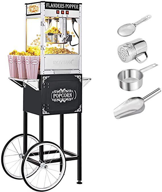 ROVSUN Popcorn Machine w/Cart & Wheels, 8 Ounce Kettle Popcorn Maker w/Single Door, Popcorn Scoop, Oil Spoon & 3 Popcorn Cups, 850W, Black