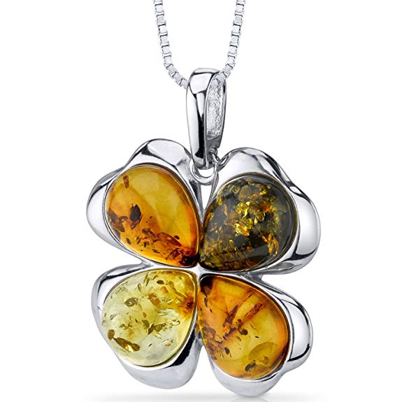 Baltic Amber Clover Pendant Necklace Sterling Silver Honey Olive and Cognac Colors