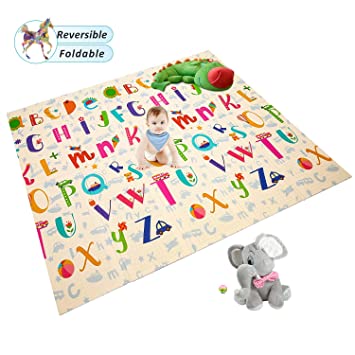 Extra Large Baby Play Mat Foldable Reversible Non Toxic Foam Crawl Playmat Waterproof Kids Baby Toddler Outdoor or Indoor Use (70.8x78x0.4in) (Educational ABC   Animal World)
