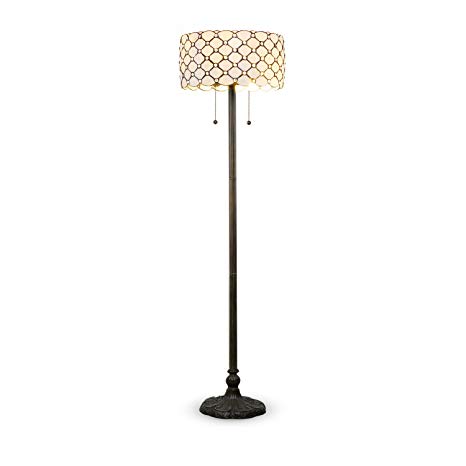 Serena D'italia Tiffany Style White Contemporary Floor Lamp, Diamond Pattern Stained Glass Lamp with Jewels, Standing Lamp, Double Pull Chain (White)