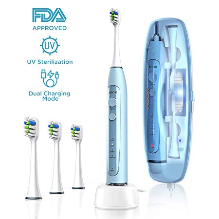 Electric Toothbrush, ABOX 2019 Newest Sonic Toothbrush with USB UV Sterilization Rechargeable Travel Case, 4 Deep Cleaning Modes Electric Toothbrushs and 2-Min Timer, IPX7 Waterproof, 3 DuPont Heads, Ideal for Daily and Travel Oral Care - Blue