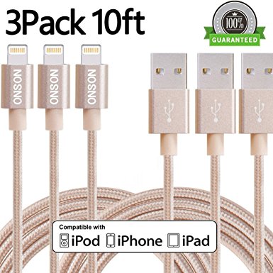 ONSON Lightning Cable,3Pack 10FT Extra Long Nylon Braided iPhone Lightning Cable USB Charging Cord for iPhone 7/7 Plus,6/6S/6 Plus/6S Plus,5/5S/5C/SE,iPad Air,iPod Nano 7(Gold)