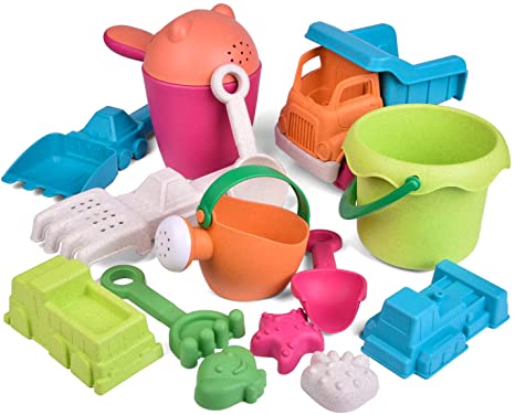 FUN LITTLE TOYS Kids Beach Sand Toy Set, Beach Bucket, Car, Watering Can, Shovel, Rake and Molds, Eco-Friendly Sandbox Toys Kids Outdoor Toys 14 Piece
