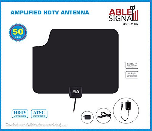 Able Signal 50 Miles Amplified Indoor HDTV Antenna Thin Flat Reversible Black and White VHF UHF FM