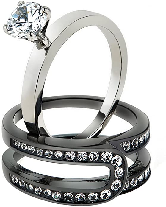 Marimor Jewelry Women's 1.02 Ct Cubic Zirconia Black Stainless Steel Wedding Ring Set Size 5-10