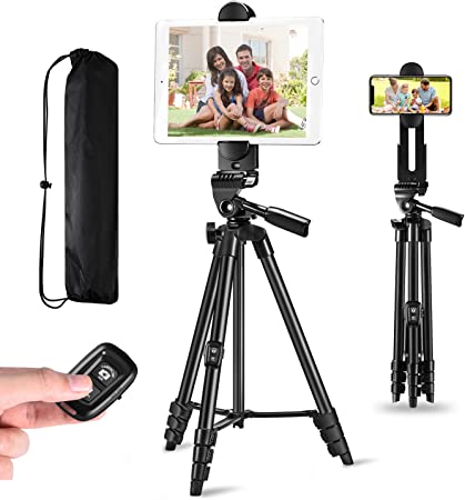 iPad Tripod,TESVERO 55" Travel/Video/Phone/Camera Tripod Stand with Cell Phone/Tablet Holder, Remote Shutter, Compatible with Smartphone & Tablet & Camera