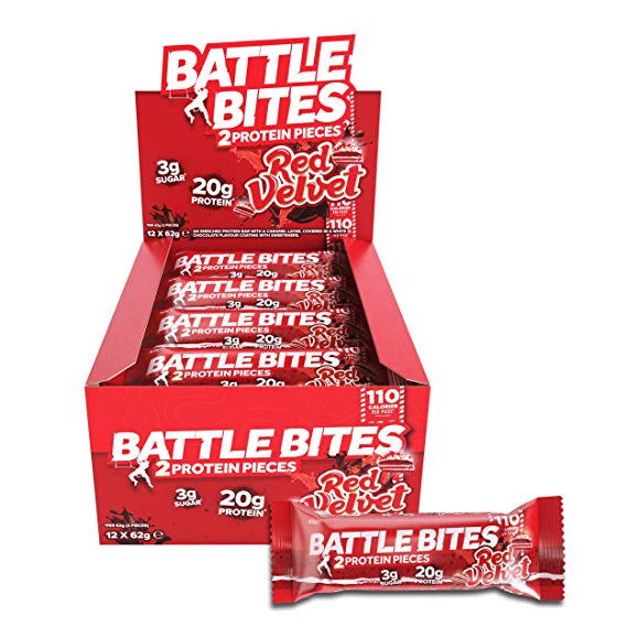 Battle Bites High Protein Bar, Low Carb and Low Sugar Protein Bars, Red Velvet, 12 x 62g Bars (2 x 31g Pieces per Bar) Baked by Battle Oats