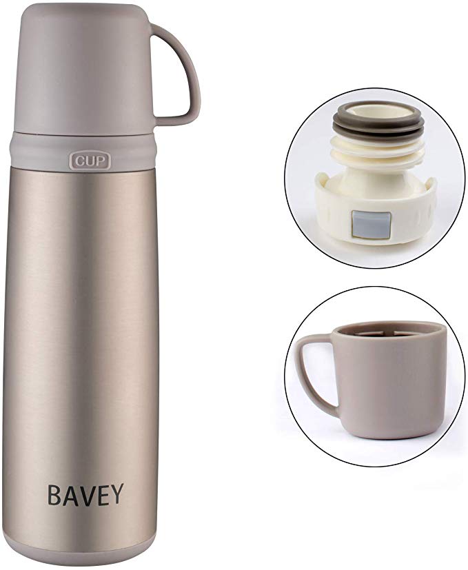 Bavey Vacuum Insulated Water Bottle Stainless Steel Travel Sports Mug for Food, Hot & Cold Drink, Double Lids, Direct Drinking, Leak Proof, 500ml/17 OZ, Cinnamon Gold