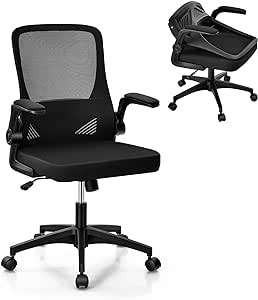 Giantex Ergonomic Office Chair w/Foldable Backrest, Mid Back Mesh Chair with Lumbar Support, Flip up Arms, Swivel Rolling Executive Task Chair Computer Desk Chair for Home Meeting Room (Black)