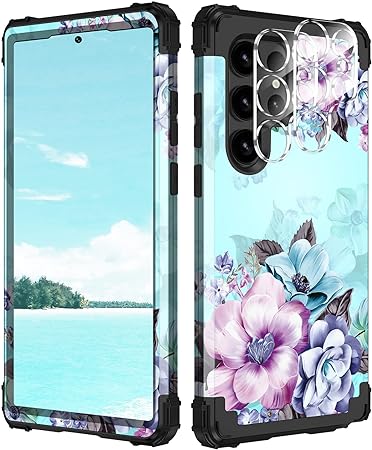 Casetego Compatible with Galaxy S23 Ultra 5G Case,Floral Three Layer Heavy Duty Sturdy Shockproof Full Body Protective Case with 2 Pack Camera Lens Protector for Samsung S23 Ultra,Blue Flower