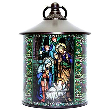 Stained Glass Style Christmas Nativity Scene LED Light Up Lantern, 8 Inch