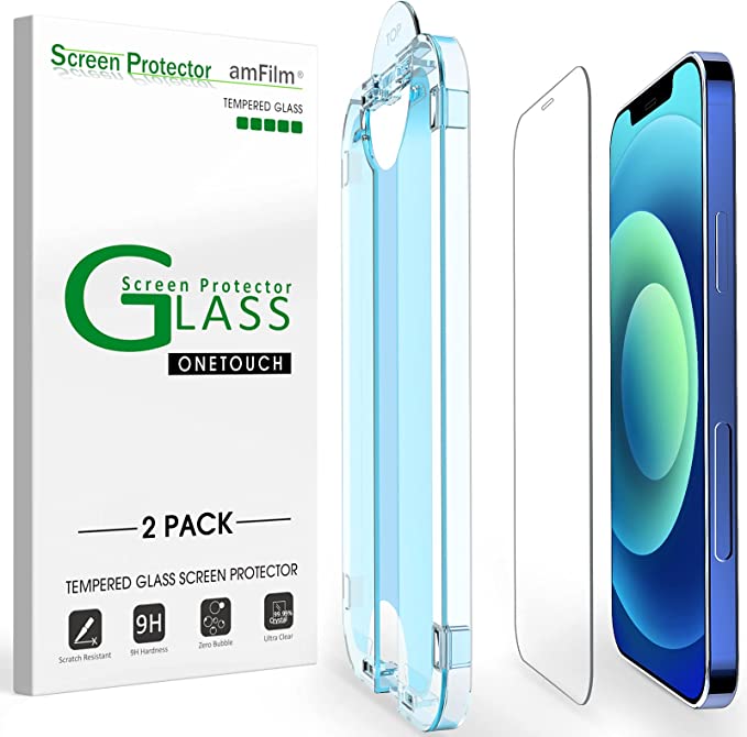amFilm 2 Pack OneTouch Glass Screen Protector for iPhone 12 / iPhone 12 Pro (6.1", 2020) with Easy Installation Kit