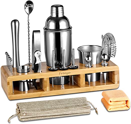 Complete 21-Pieces Bartender Kit, Freeya Premium Cocktail Bar Shaker Set , Stainless Steel Bar Tools / Bar Accessories -Beautiful Cocktail Shaker Set with Bamboo Stand, Storage Bag and Towel