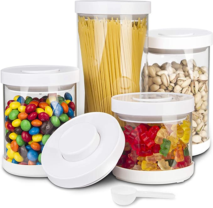 elabo 4-Piece POP Glass Easy Open Food Storage Containers Set with Airtight Lids and Spoon, Equipped with Anti-slip Silicone Pad - BPA Free - for Dry Food, Sugar, Salt, Flour, Coffee, Rice, Nuts.etc