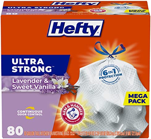 Hefty Ultra Strong Tall Kitchen Trash Bags - Lavender & Sweet Vanilla, 13 Gallon, 80 Count