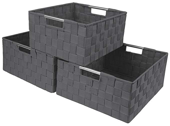 Sorbus Storage Box Woven Basket Bin Container Tote Cube Organizer Set Stackable Storage Basket Woven Strap Shelf Organizer Built-in Carry Handles (Woven Basket Set - 3 Piece, Gray)