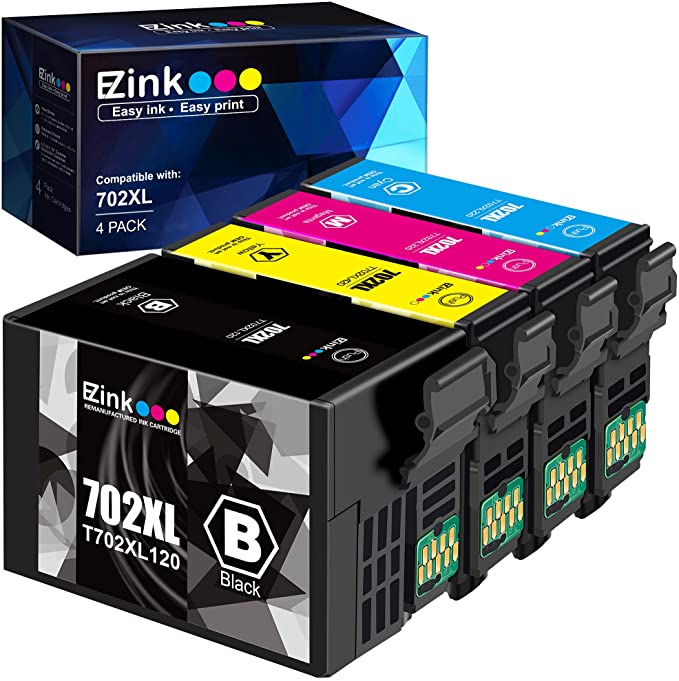 E-Z Ink (TM) Remanufactured Ink Cartridge Replacement for Epson 702XL T702XL 702 T702 to use with Workforce Pro WF-3720 WF-3730 WF-3733 Printer (1 Large Black, 1 Cyan, 1 Magenta, 1 Yellow, 4 Pack)