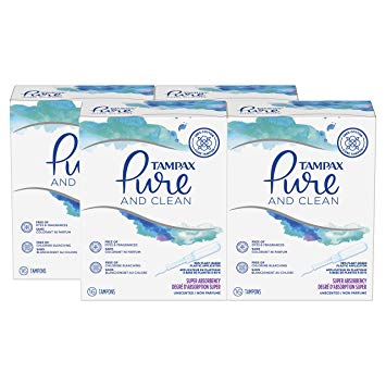 Tampax Pure & Clean Tampons with Plastic Applicator, Super Absorbency, 16 Count, 4 Boxes, (Total 64 Count)
