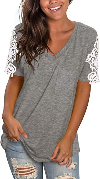 Sieanear Women's Lace Short Sleeve V-Neck T-Shirt Loose Casual Summer Tee Tops